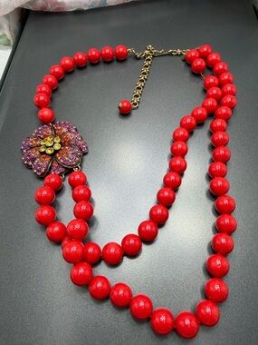 Heidi Daus Red Beaded Necklace with Floral Crystal one Call out